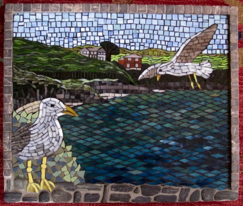 Maiden Cove; 14" x 16"; stained glass, natural stone, porcelain; $800; private home, ME